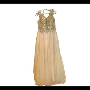Shiny sequin bodice, off shoulder, Maxi Tulle fancy evening dress, gold, large